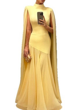 2025年新款欧美亚马逊跨境外贸女装气质优雅拼接收腰黄色包臀长裙