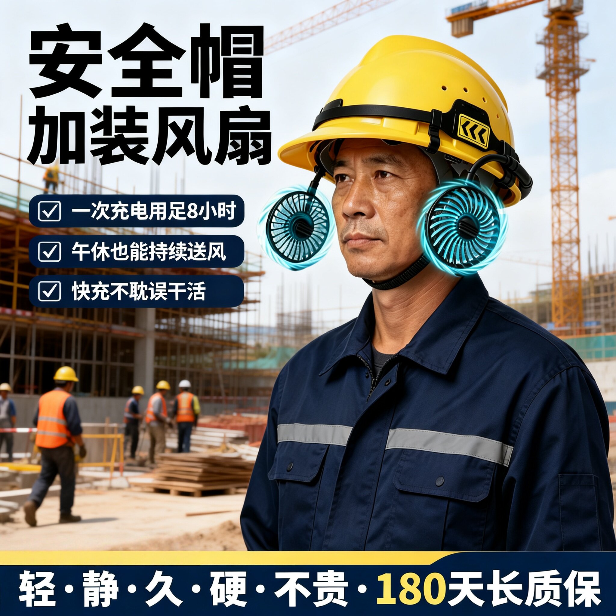 工地专用头戴式降温神器安全帽带可拆卸风扇夏季施工透气遮阳头盔