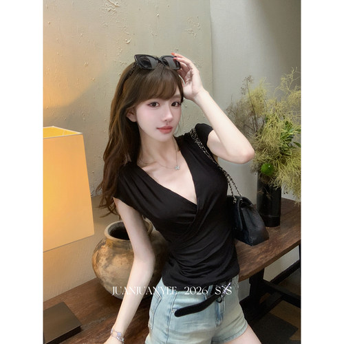 juanjuanyee【33同款小飞袖】天丝深v交叉堆积感弹力小飞袖短袖女