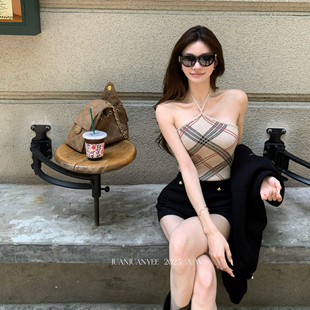 juanjuanyee 格纹挂脖针织吊带女格子一字肩抹胸上衣 格雷贝果