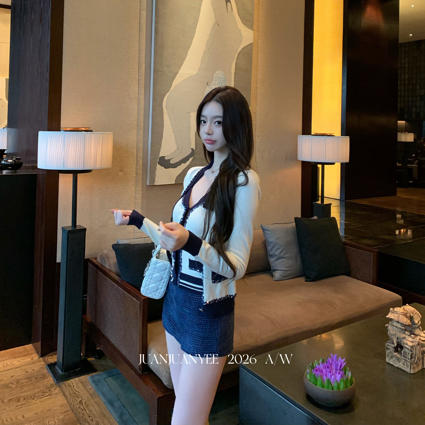 meng via 【美纪套装】小香风套装女撞色针织开衫挂脖背心半身裙