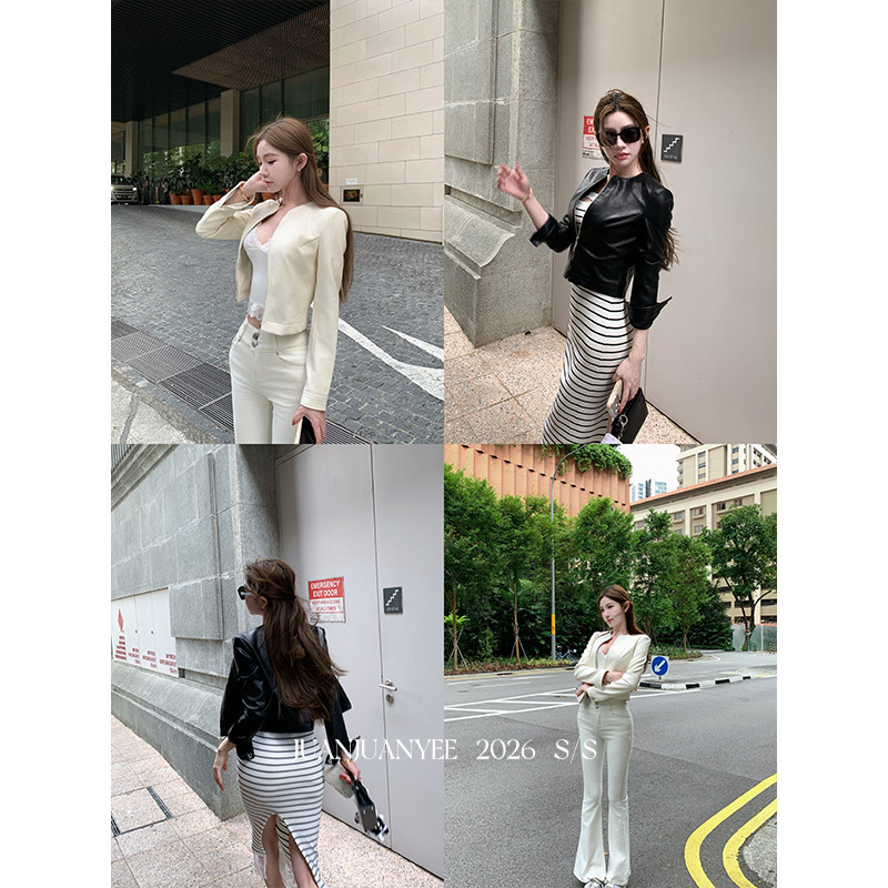 juanjuanyee【致命张力】修身短款蛋白轻薄春夏百搭御姐小皮衣女