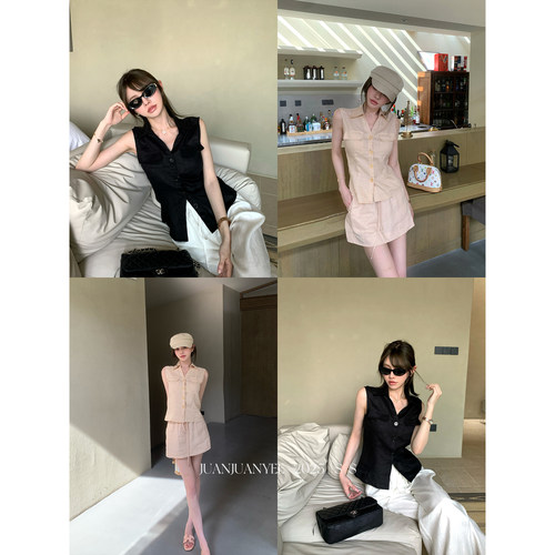 juanjuanyee【新钱vibe】1OO亚麻无袖短款V领衬衫马甲+裙子两件套