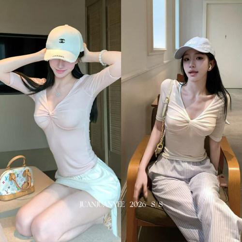 juanjuanyee【贝壳】v领扭结中袖修身上衣女羊毛天丝短袖t恤夏季