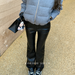 高腰磨毛薄绒弹力微喇皮裤 juanjuanyee 肯豆裤