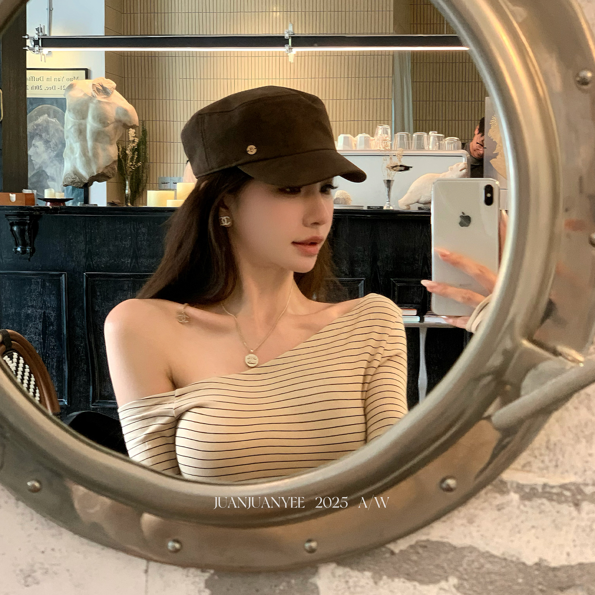 juanjuanyee【条纹序曲】独家款 条纹长袖斜肩修身高弹纯欲长袖