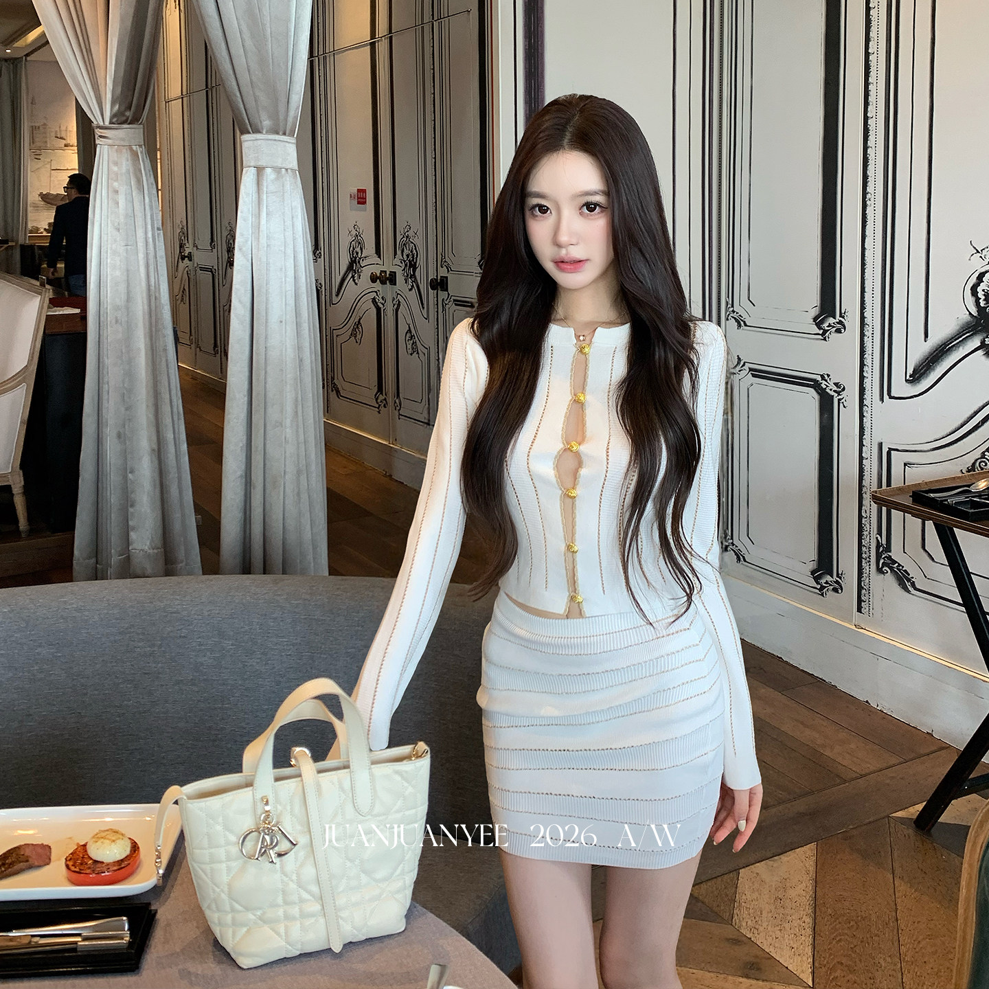 juanjuanyee 【尤佳莉】新款时尚针织套装针织外套+包臀半身短裙