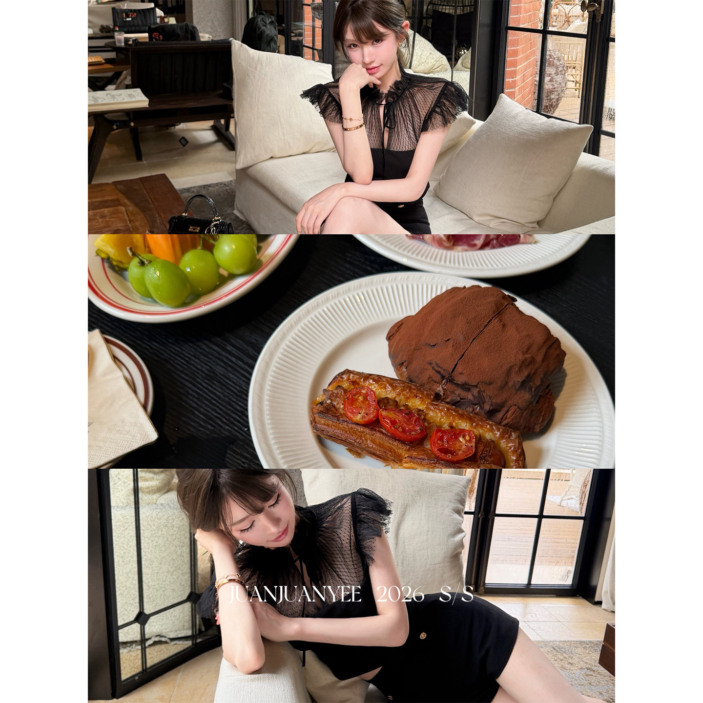 juanjuanyee【爱丽丝】性感微透蕾丝拼接荷叶边上衣花边显瘦T恤女