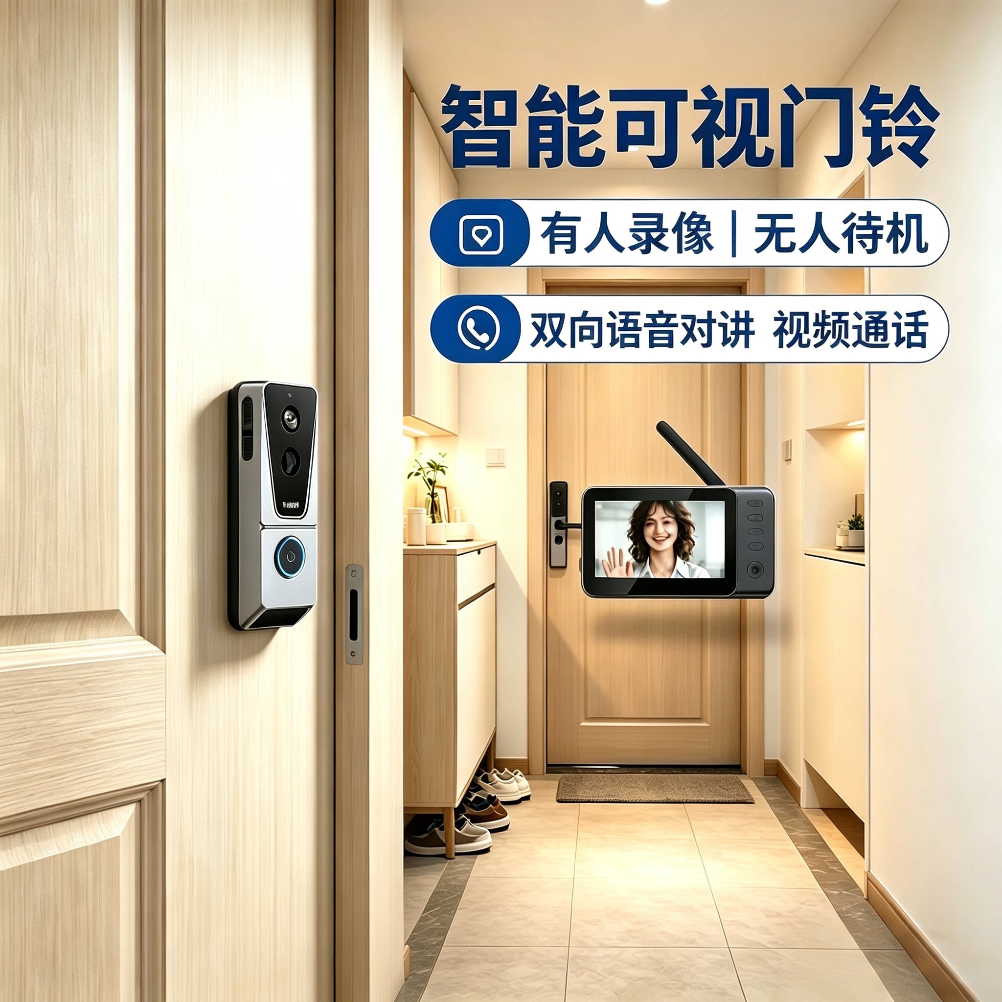智能可视门铃带显示屏感应录像家用无线免打孔高清夜视双向对讲