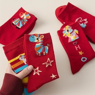 本命年马年秋冬大红袜子新年春节棉袜鸿运2026中长筒可爱新款 女袜