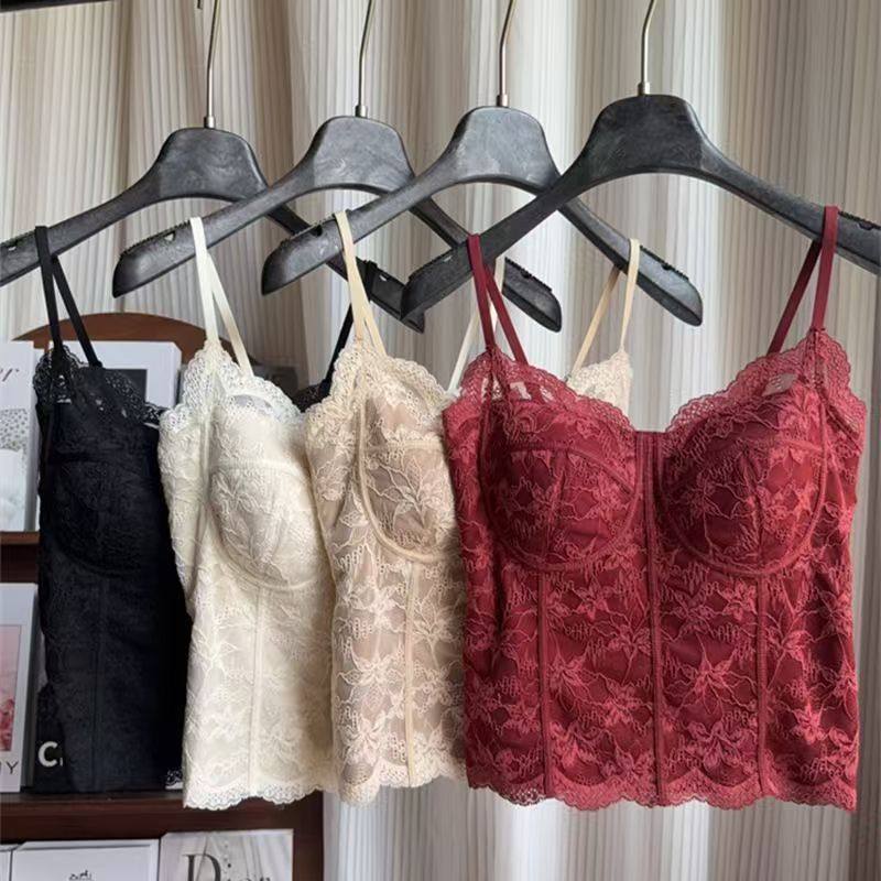 秋冬新款法式蕾丝纯欲吊带美背一体杯免穿文胸背心女修身显瘦6100