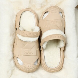 棉拖鞋男冬季大码保暖可拆卸加绒洞洞鞋厚底家居外穿防滑棉鞋