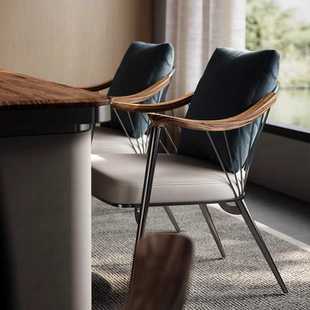 泡茶主人椅设计师款茶椅主人位胡桃木扶手椅意式轻奢书椅真皮餐椅