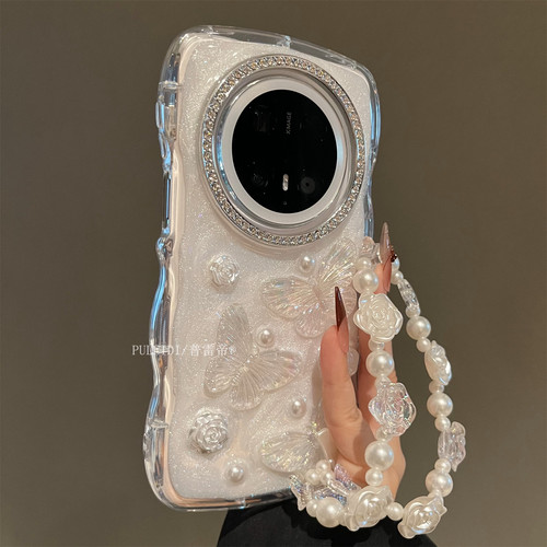 波浪纹水钻镜框立体蝴蝶适用华为mate80ProMax手机壳mate70pro+高档mate60pro+轻奢pura80防摔保护套Pura70