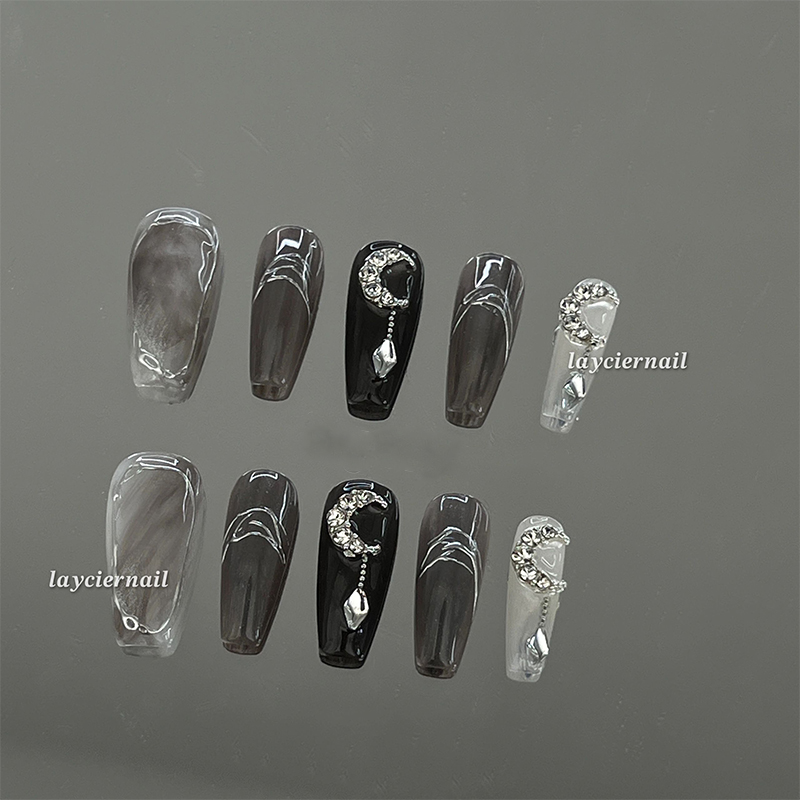 祭月|毒辣辣暗黑美甲系列灰黑晕染手工穿戴甲月亮酷妹美甲