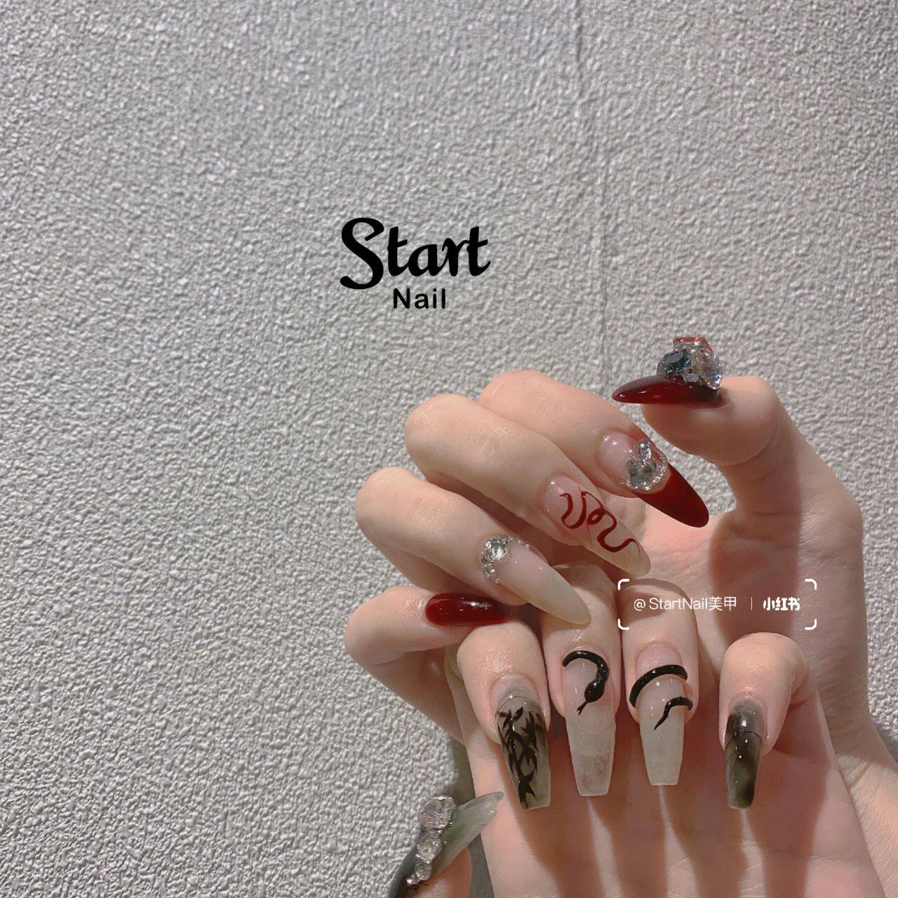 蛇影|毒辣辣暗黑系列鸳鸯立体蛇形手工穿戴甲手绘竹影国风美甲