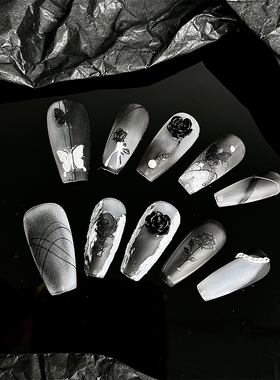 暗夜玫瑰|丧仙潮酷辣妹手工定制美甲禁忌玫瑰与蝴蝶之约暗黑穿戴