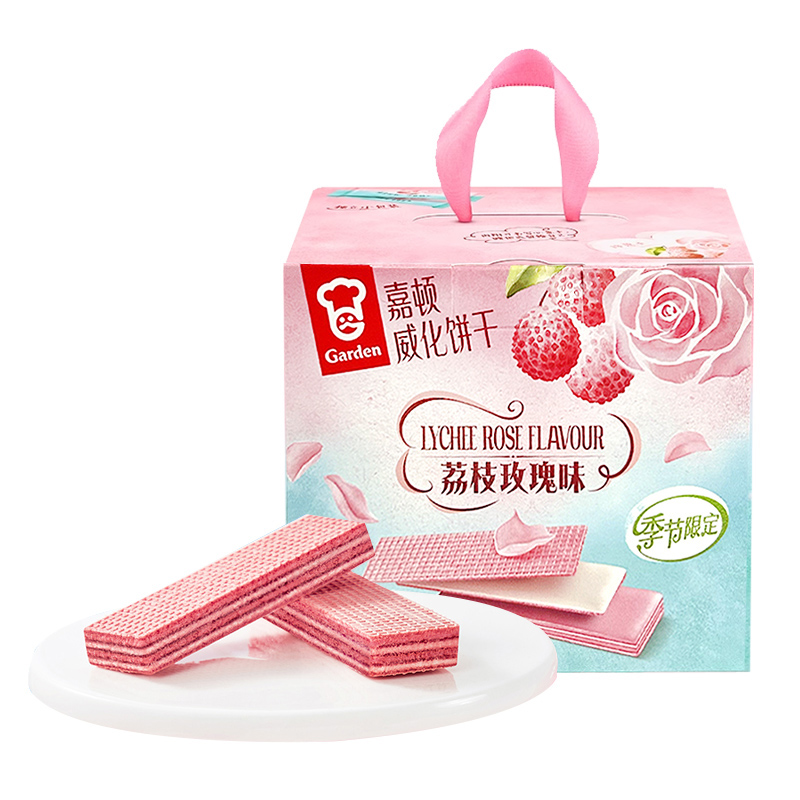 嘉顿季节限定威化饼干271g玫瑰荔枝味夹心粉红色威化饼干