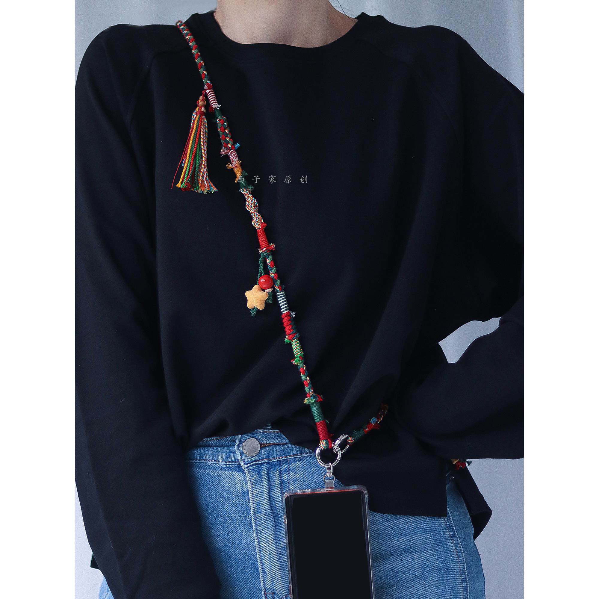 圣诞节拼色手机挂绳棉绳编织多用途挂脖斜挎手机炼相机背带