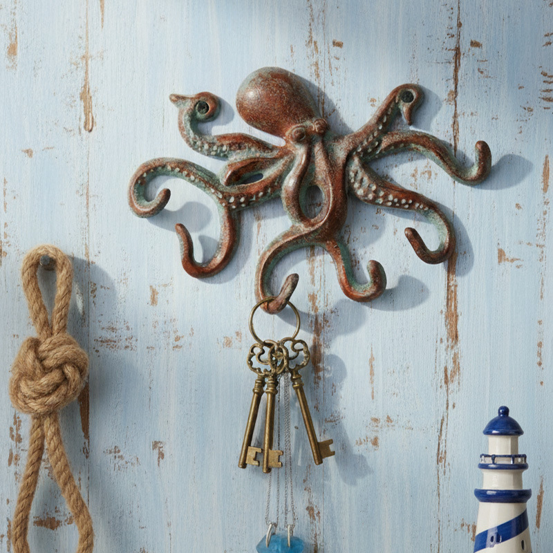 美式乡村复古铁艺章鱼雕像挂钩家居装饰特色铸铁壁挂墙饰拍摄道具