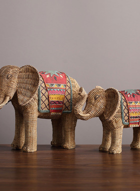 跨境热卖复古藤编纹大象摆件客厅电视柜酒柜玄关样板间展厅桌面装