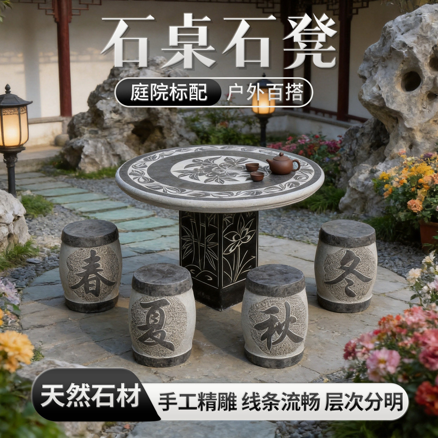 花岗岩石桌石凳定制庭院户外石雕桌椅户外休闲圆桌象棋盘面石桌凳