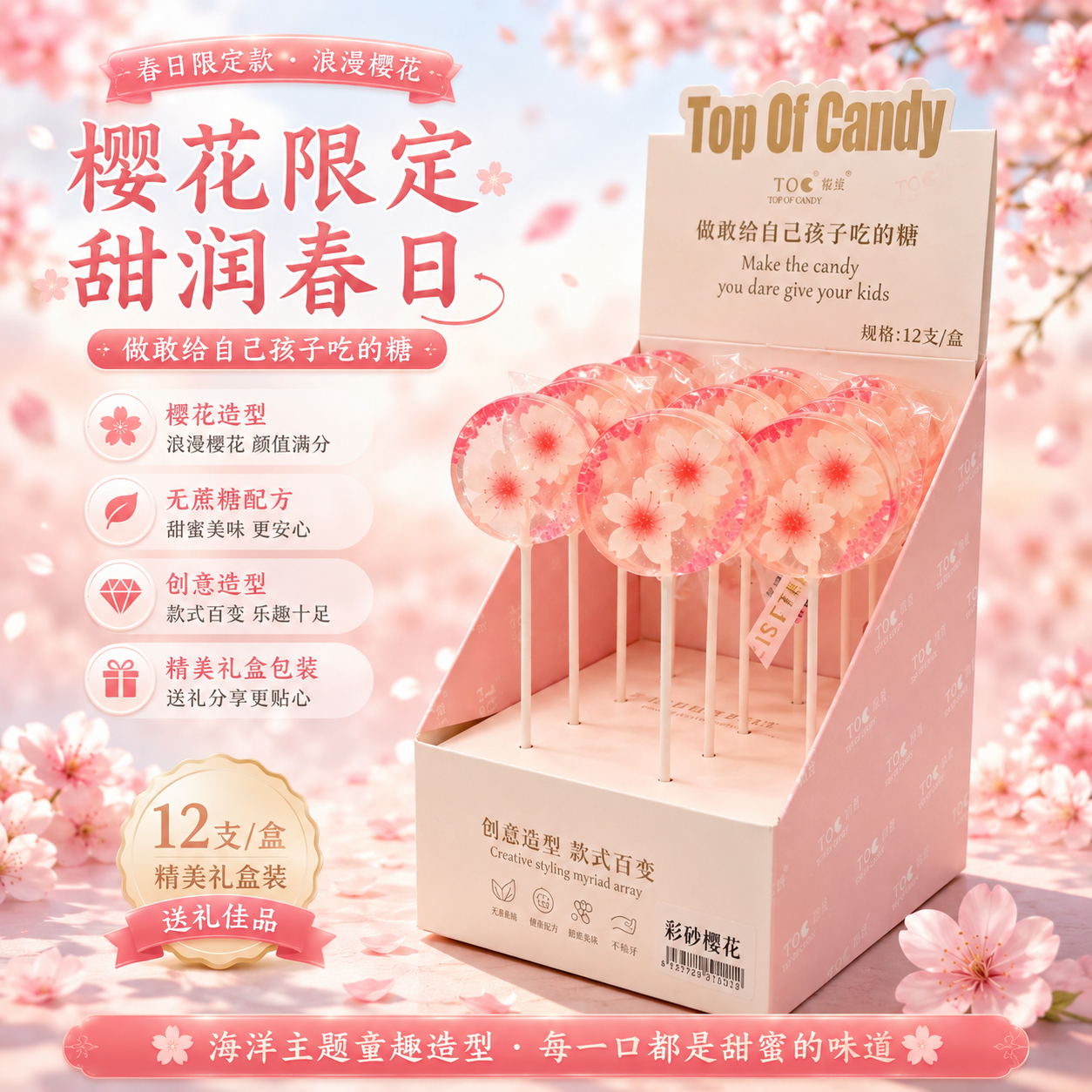 高颜值渐变樱花棒棒糖水晶立体无蔗糖少女心礼物零食盒装樱花糖果