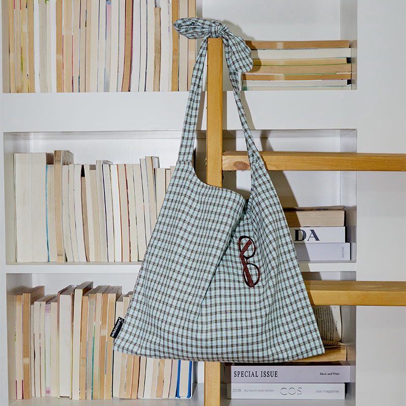 wishmore复古格子口袋斜挎包百搭格纹单肩手提通勤大容量帆布包女