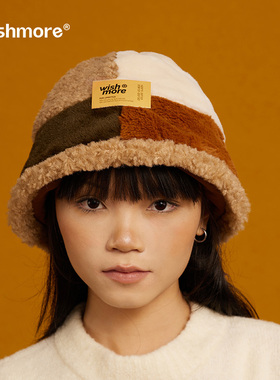 wishmore毛绒绒拼色帽子秋冬显脸小渔夫帽子保暖毛绒盆帽生日礼物