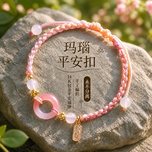 端午节五彩绳平安吉祥粉色手链手工编织儿童男女红绳手串情侣礼物