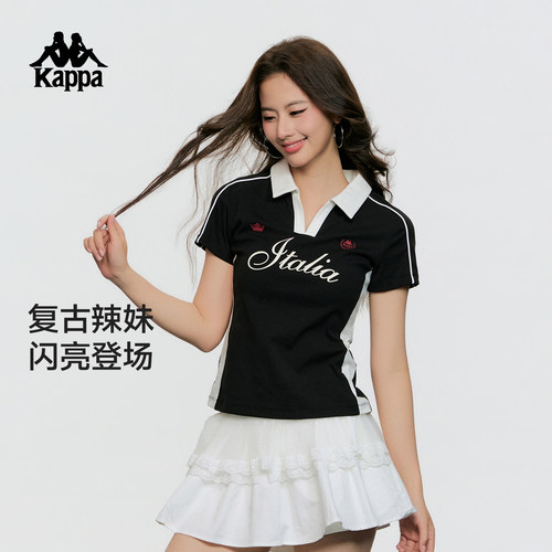 Kappa女复古撞色V领短袖POLO衫