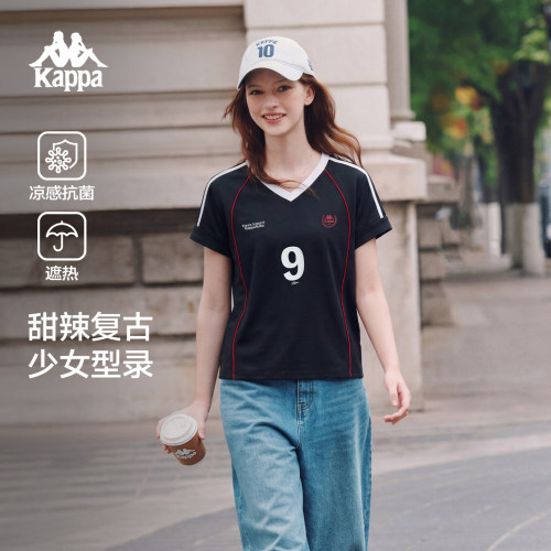 卡帕美式运动V领撞色短袖T恤女