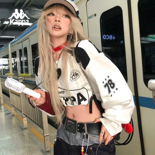Kappa卡帕白色长袖T恤女款宽松显瘦字母印花潮牌赛车服风圆领上衣