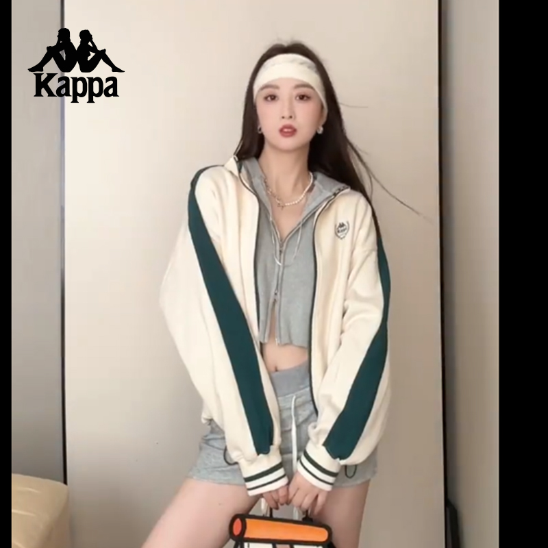 【国家击剑队同款】Kappa卡帕针织运动外套女款撞色开衫抽绳卫衣