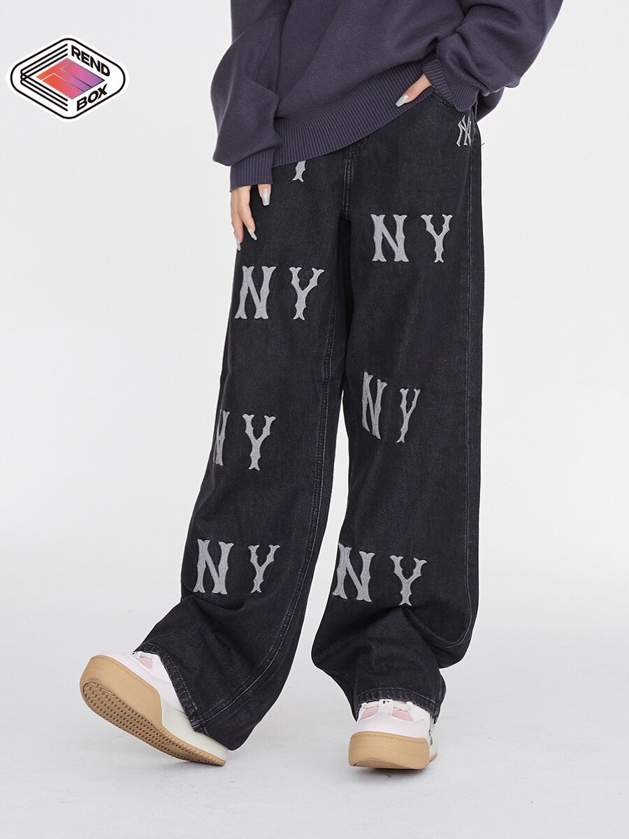 MLB 청바지 YU SHUXIN과 같은 스타일의 심플하고 편안한 문자 프린트 스트레이트 팬츠 여성용 와이드 진