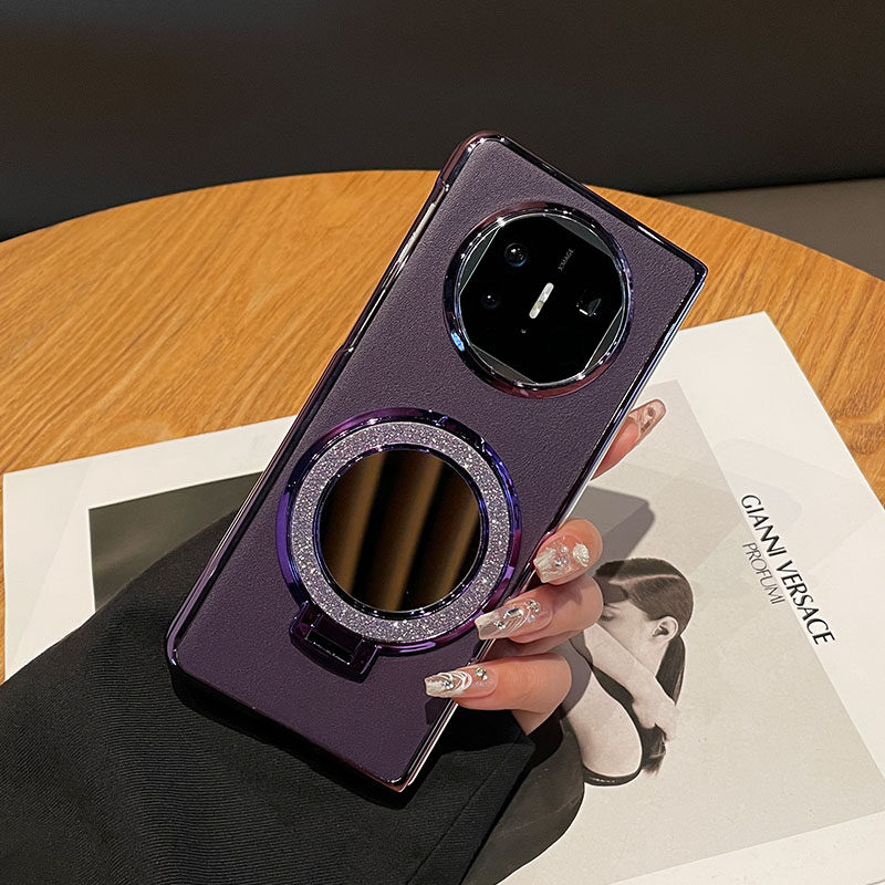 原装正品适用美国进口电镀暗紫色皮质闪粉补妆镜子支架华为MateX5手机壳新款X3折叠屏典藏版保护套时尚高档奢