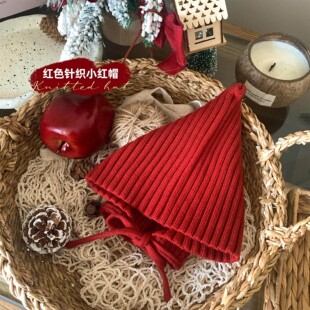 婴幼儿冬季 红色防风保暖护耳帽小月龄洋气圣诞毛线帽 帽子宝宝新款