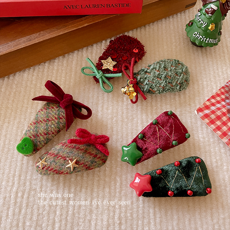 圣诞格纹星星毛绒发夹女秋冬刘海bb夹发卡侧边蝴蝶结鸭嘴夹子头饰