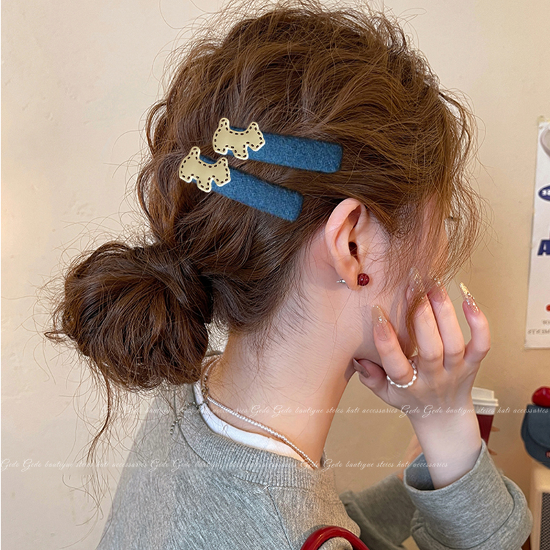 复古蓝色毛呢小狗碎发夹