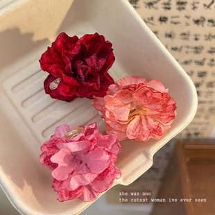 新中式红色玫瑰花朵发夹小抓夹发量少半扎发夹古风侧马尾头花头饰