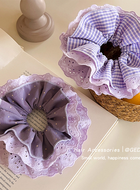 韩系ins紫色格纹蕾丝大肠发圈女甜美扎头发头绳2026新款头花发饰