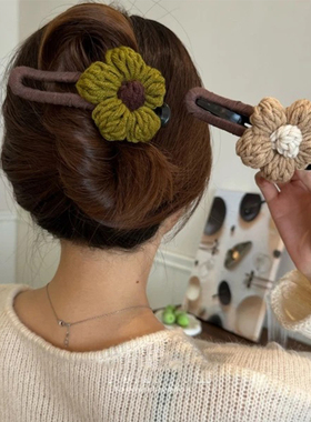 绿色针织花朵毛线发夹女秋冬鲨鱼夹安全替代品后脑勺鸭嘴一字抓夹