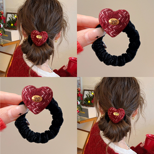 法式优雅红色毛呢爱心发圈女新年气质低丸子头发绳扎马尾皮筋头绳