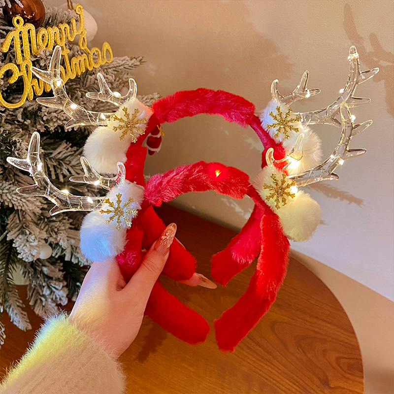 圣诞红色毛绒雪花麋鹿角发箍