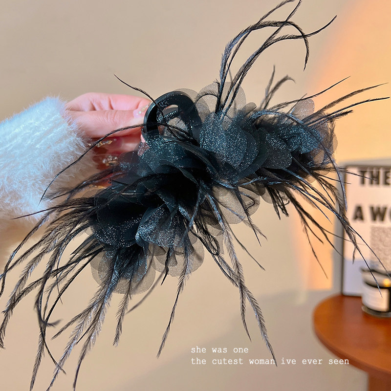 吉度黑色羽毛花瓣抓夹高级感头饰