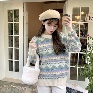 Z2023年秋冬新款显瘦慵懒撞色毛衣 休闲宽松遮肉条纹大码针织上衣