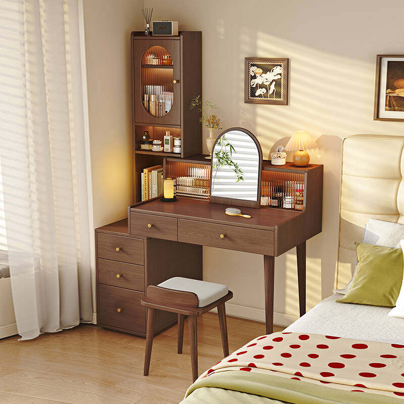 实木梳妆台化妆桌斗柜一体卧室现代简约小型梳妆桌中古风收纳柜子