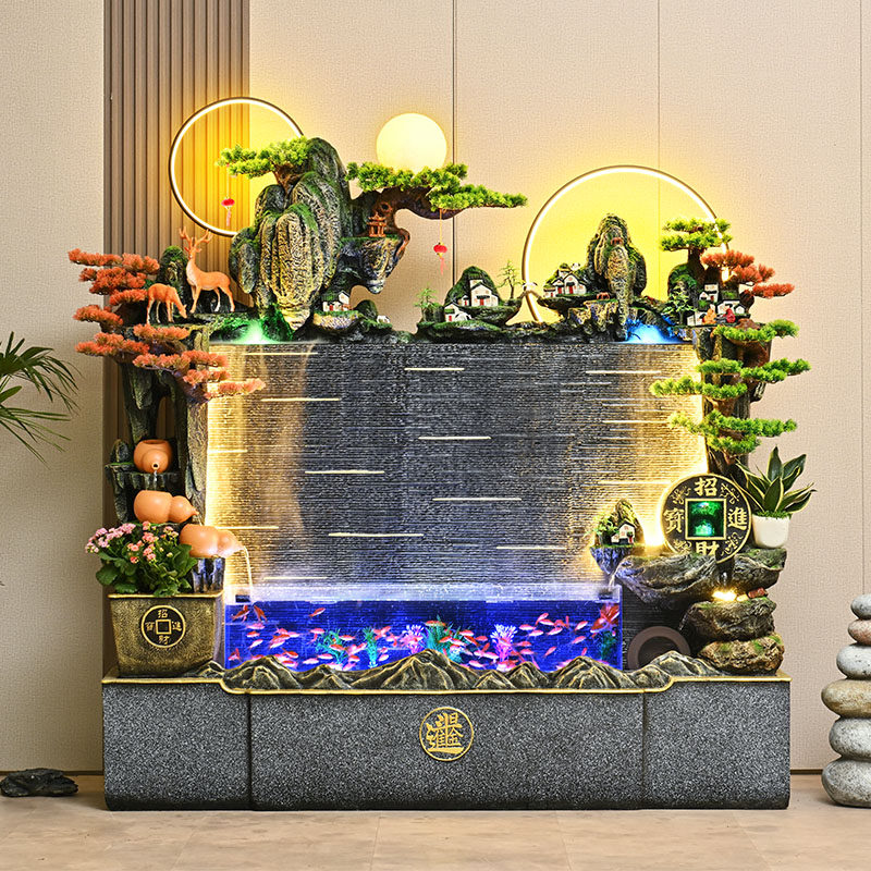 假山流水墙水幕喷泉鱼缸客厅玄关养鱼加湿器装饰落地田园景观摆件
