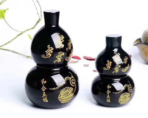 黑曜石和合五福葫芦摆件雕刻鎏金工艺品家居办公博古架摆设