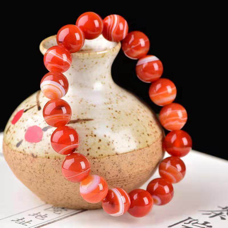 남성과 여성을 위한 컬렉션 등급 천연 줄무늬 실크 포장 붉은 마노 팔찌 둥근 구슬 간단한 팔찌 불교 구슬 출생 연도 선물